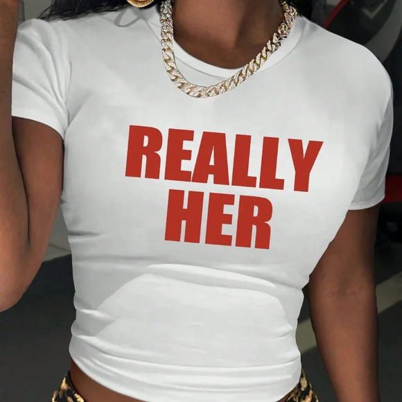 White Casual Women's Letter Graphic Crop Tee - Picture 1 of 5